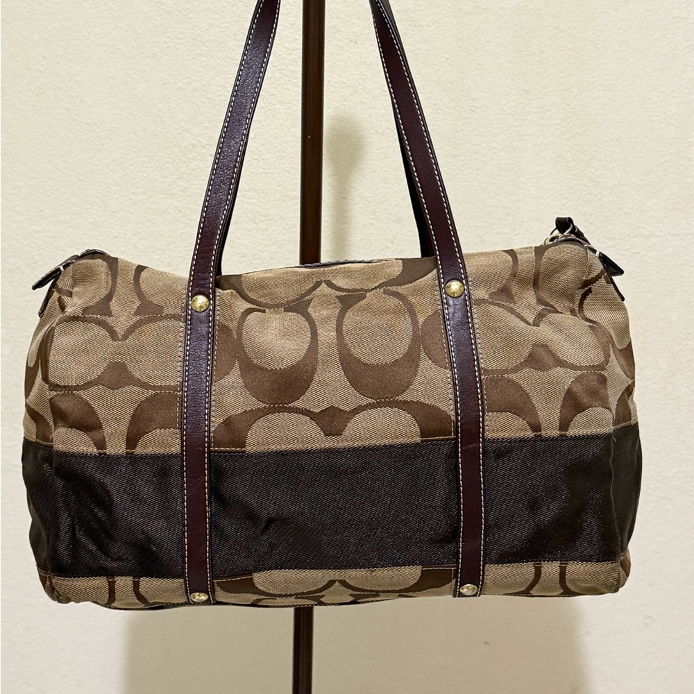 Coach Signature Canvas and Brown Leather Satchel with Gold Details